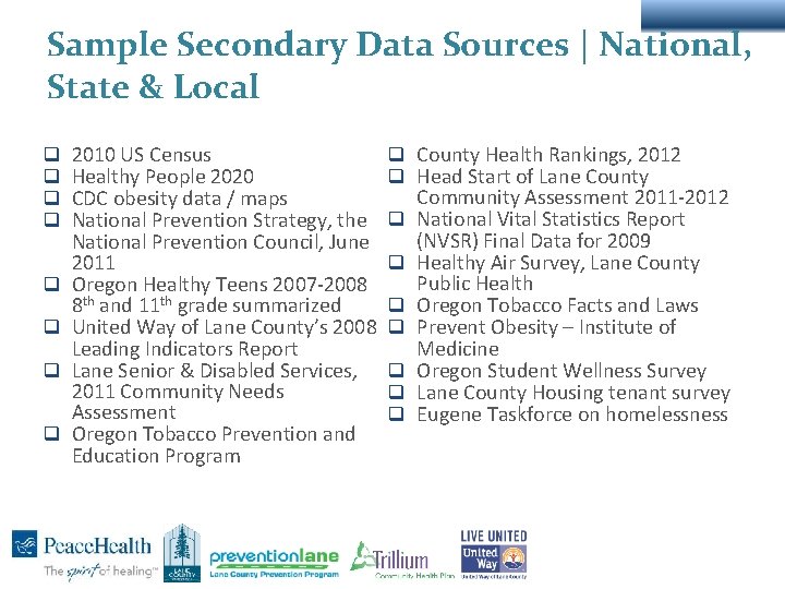 Sample Secondary Data Sources | National, State & Local q q q q 2010