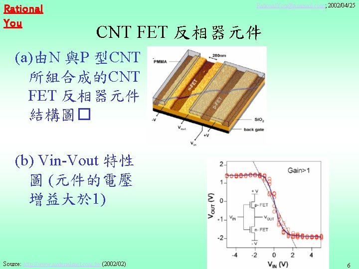 Rational You Rational. You@sinamail. com; 2002/04/25 CNT FET 反相器元件 (a)由N 與P 型CNT 所組合成的CNT FET