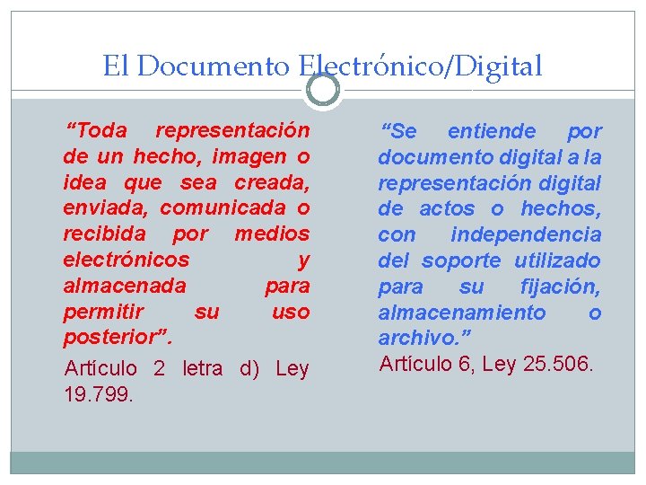 El Documento Electrónico/Digital “Toda representación de un hecho, imagen o idea que sea creada,