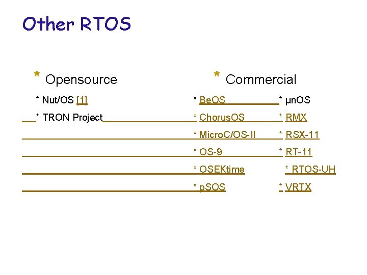 Other RTOS * Opensource * Commercial * Nut/OS [1] * Be. OS * µn.