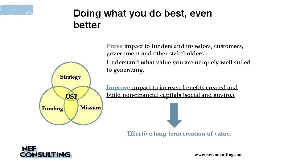 Doing what you do best, even better Strategy Improve impact to increase benefits created