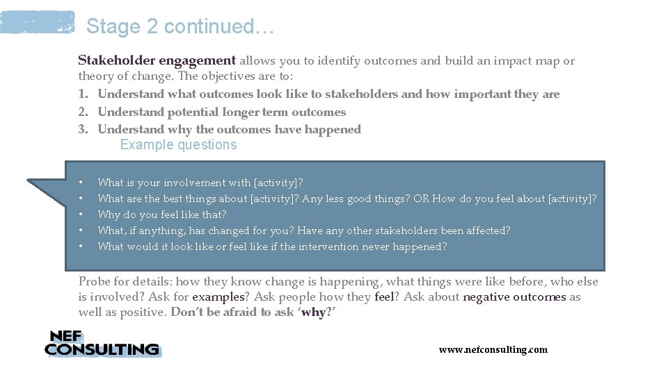 Stage 2 continued… Stakeholder engagement allows you to identify outcomes and build an impact