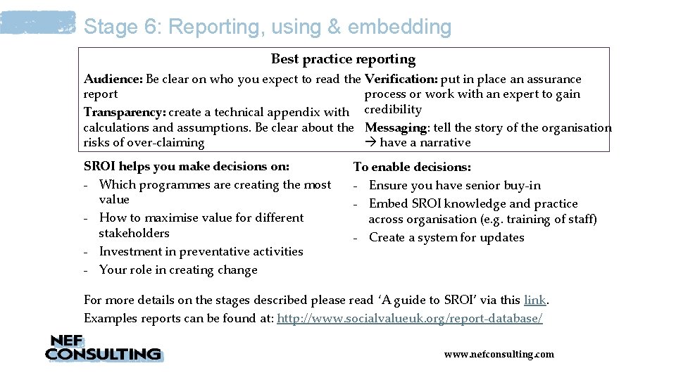 Stage 6: Reporting, using & embedding Best practice reporting Audience: Be clear on who