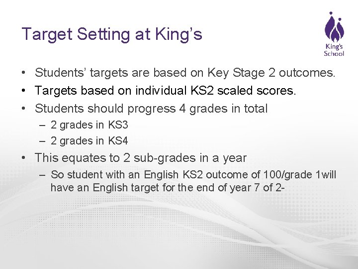 Target Setting at King’s • Students’ targets are based on Key Stage 2 outcomes.
