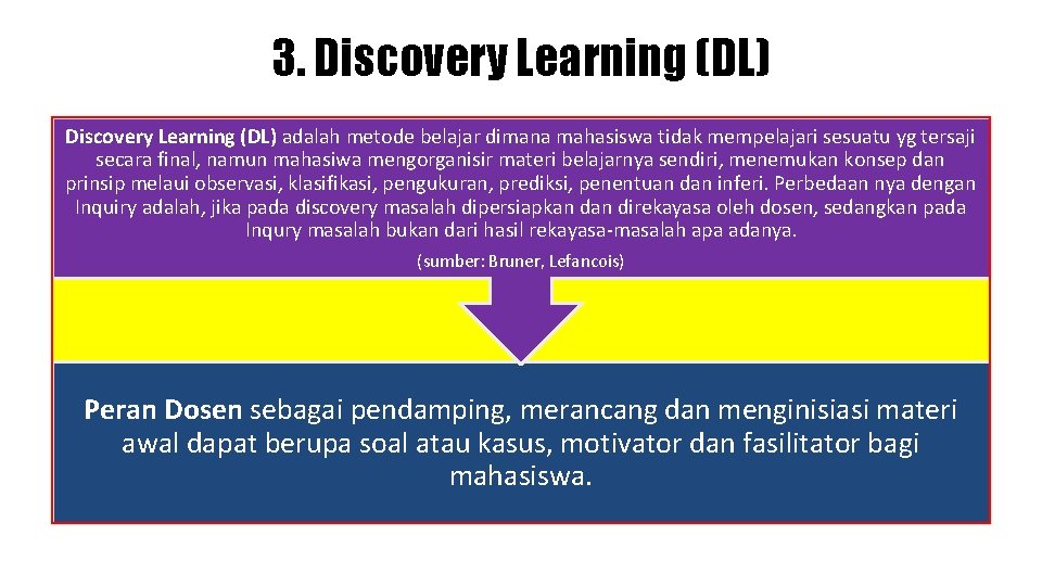 3. Discovery Learning (DL) adalah metode belajar dimana mahasiswa tidak mempelajari sesuatu yg tersaji