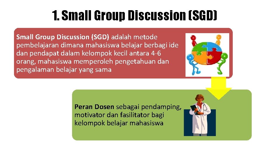 1. Small Group Discussion (SGD) adalah metode pembelajaran dimana mahasiswa belajar berbagi ide dan