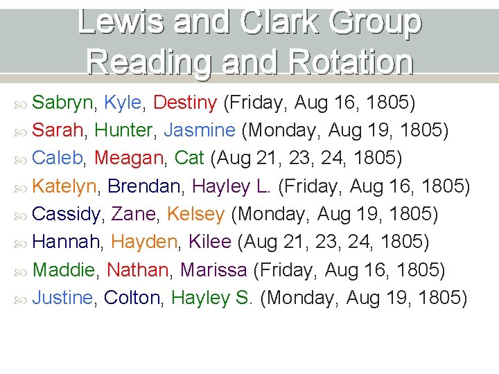Lewis and Clark Group Reading and Rotation Sabryn, Kyle, Destiny (Friday, Aug 16, 1805)
