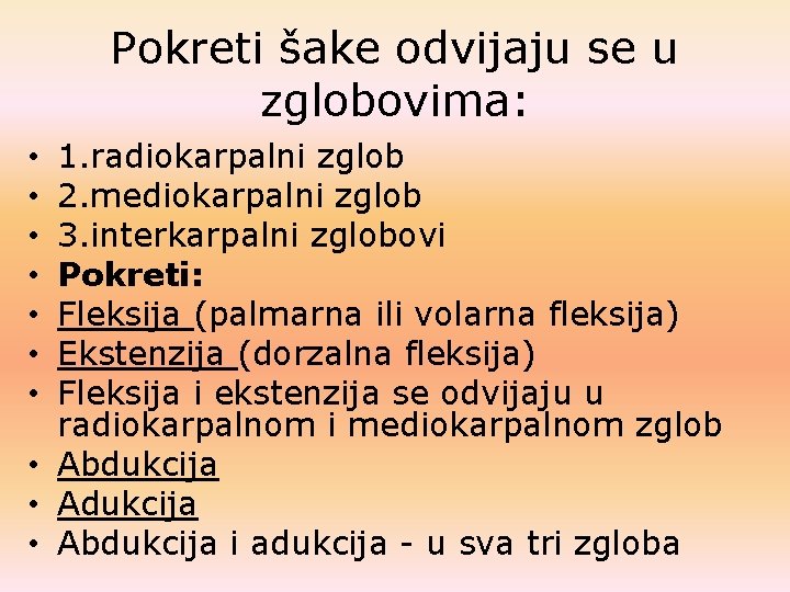 Pokreti šake odvijaju se u zglobovima: 1. radiokarpalni zglob 2. mediokarpalni zglob 3. interkarpalni Pokreti šake odvijaju se u zglobovima: 1. radiokarpalni zglob 2. mediokarpalni zglob 3. interkarpalni