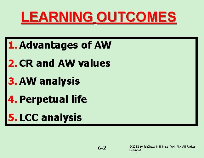 LEARNING OUTCOMES 1. Advantages of AW 2. CR and AW values 3. AW analysis LEARNING OUTCOMES 1. Advantages of AW 2. CR and AW values 3. AW analysis