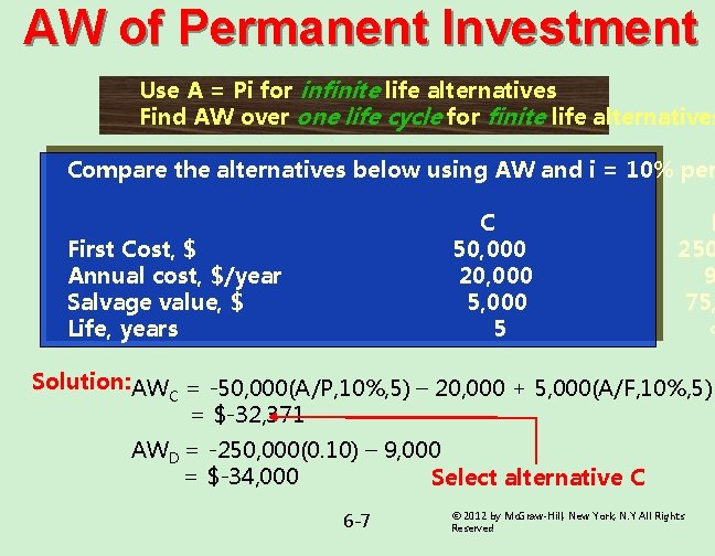 AW of Permanent Investment Use A = Pi for infinite life alternatives Find AW AW of Permanent Investment Use A = Pi for infinite life alternatives Find AW