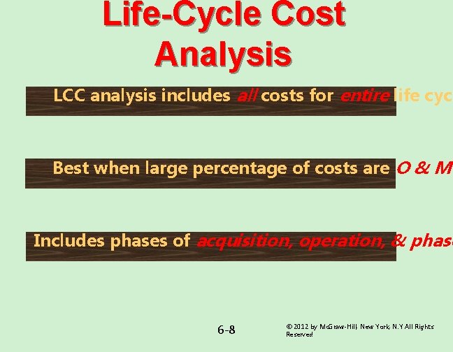 Life-Cycle Cost Analysis LCC analysis includes all costs for entire life cycl Best when Life-Cycle Cost Analysis LCC analysis includes all costs for entire life cycl Best when