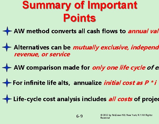 Summary of Important Points AW method converts all cash flows to annual valu Alternatives Summary of Important Points AW method converts all cash flows to annual valu Alternatives