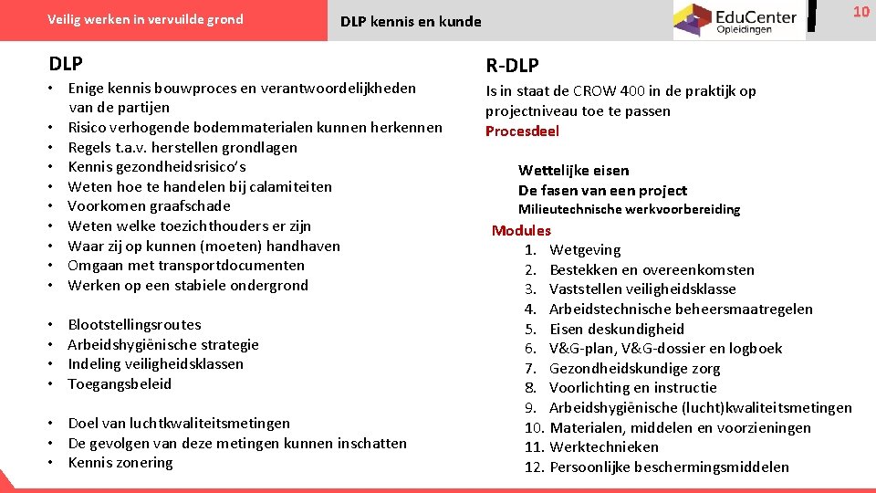 Veilig werken in vervuilde grond DLP • Enige kennis bouwproces en verantwoordelijkheden van de
