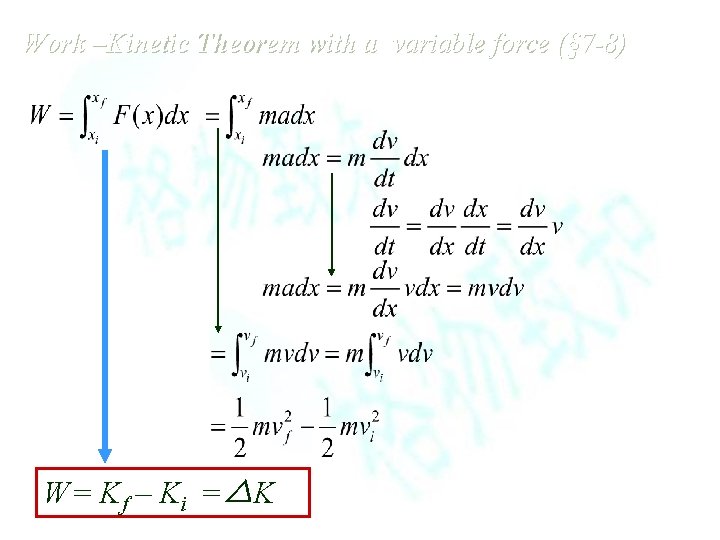 Work –Kinetic Theorem with a variable force (§ 7 -8) W= Kf – Ki