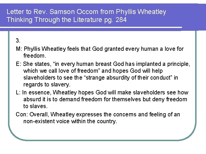 Letter to Rev. Samson Occom from Phyllis Wheatley Thinking Through the Literature pg. 284