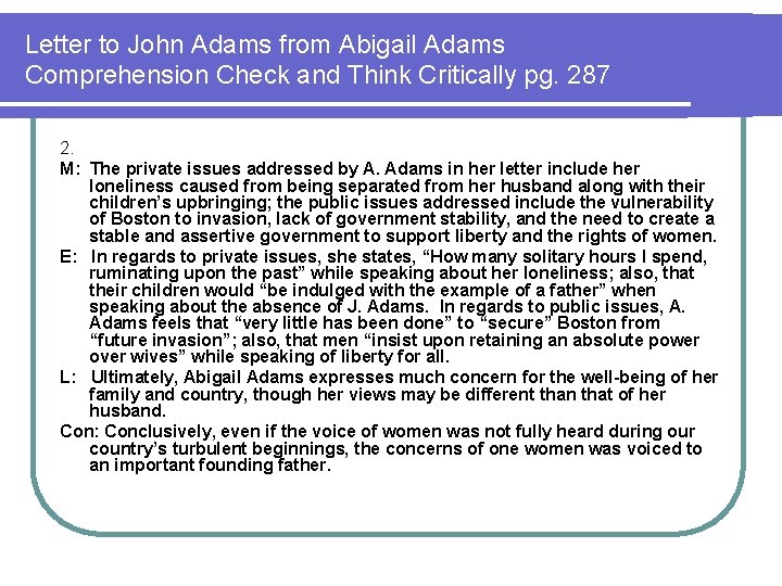Letter to John Adams from Abigail Adams Comprehension Check and Think Critically pg. 287