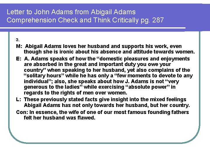 Letter to John Adams from Abigail Adams Comprehension Check and Think Critically pg. 287