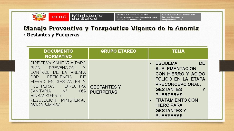 Manejo Preventivo y Terapéutico Vigente de la Anemia • Gestantes y Puérperas DOCUMENTO NORMATIVO Manejo Preventivo y Terapéutico Vigente de la Anemia • Gestantes y Puérperas DOCUMENTO NORMATIVO