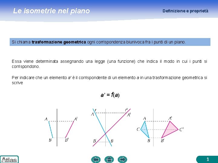 Le isometrie nel piano Definizione e proprietà Si chiama trasformazione geometrica ogni corrispondenza biunivoca