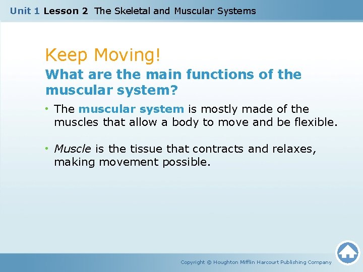 Unit 1 Lesson 2 The Skeletal and Muscular Systems Keep Moving! What are the