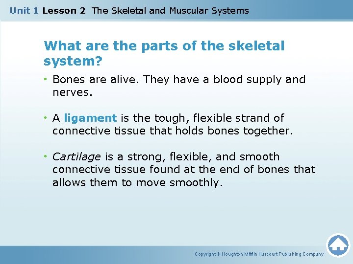 Unit 1 Lesson 2 The Skeletal and Muscular Systems What are the parts of