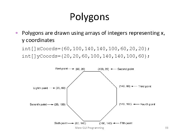 Polygons • Polygons are drawn using arrays of integers representing x, y coordinates int[]x.