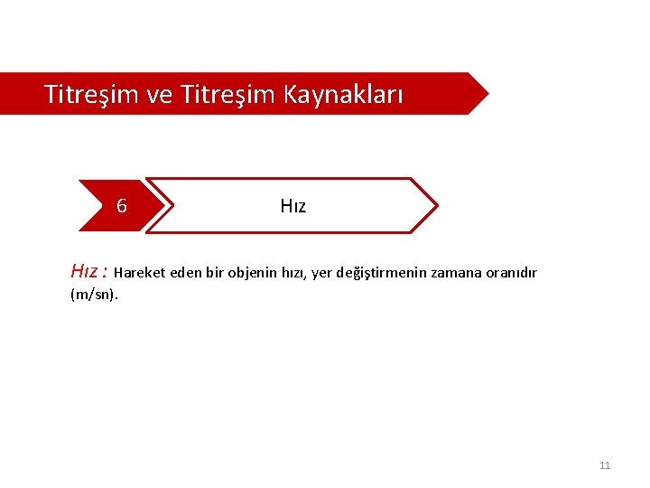  Titreşim ve Titreşim Kaynakları 6 Hız : Hareket eden bir objenin hızı, yer