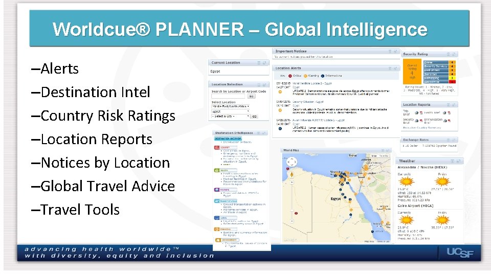 Worldcue® PLANNER – Global Intelligence –Alerts –Destination Intel –Country Risk Ratings –Location Reports –Notices