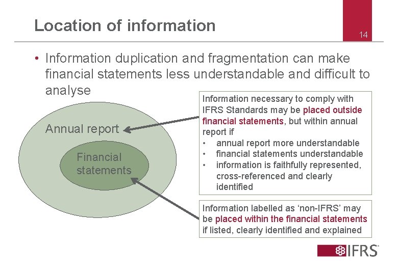 Location of information 14 • Information duplication and fragmentation can make financial statements less