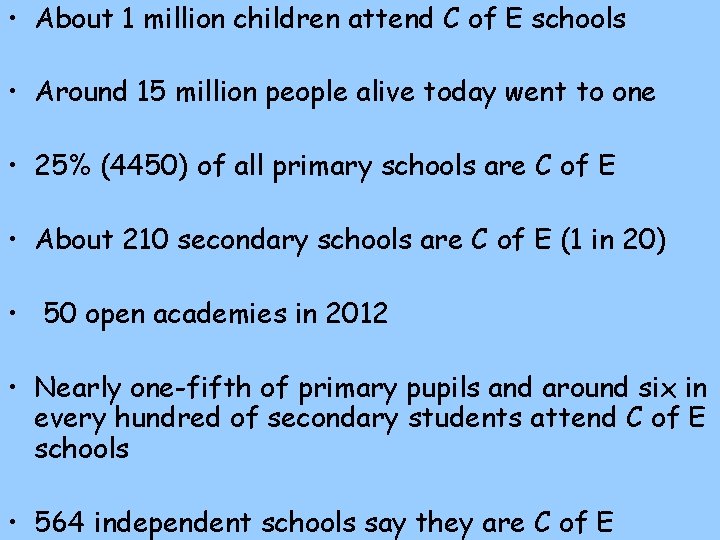  • About 1 million children attend C of E schools • Around 15