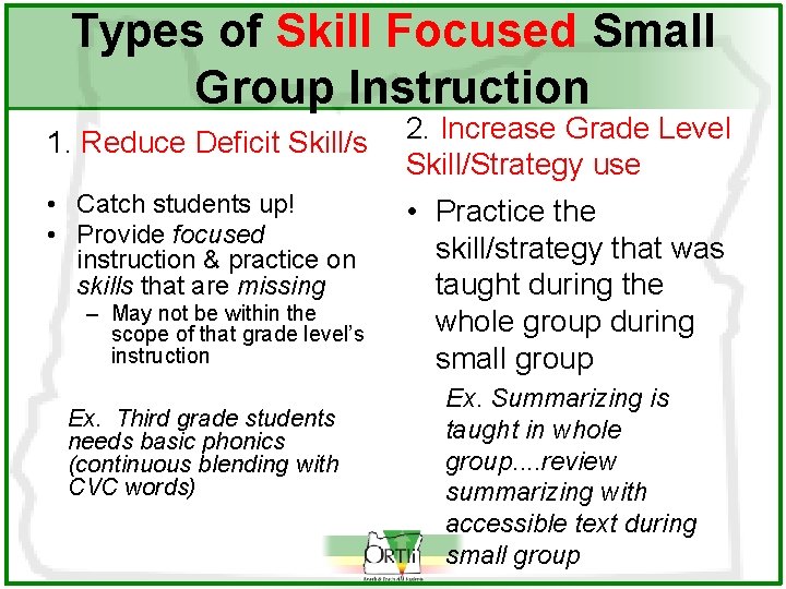 Types of Skill Focused Small Group Instruction 1. Reduce Deficit Skill/s • Catch students