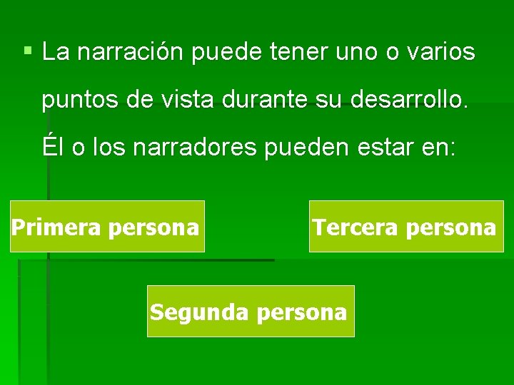 § La narración puede tener uno o varios puntos de vista durante su desarrollo. § La narración puede tener uno o varios puntos de vista durante su desarrollo.