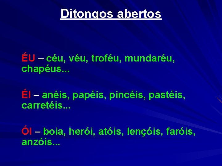 Ditongos abertos ÉU – céu, véu, troféu, mundaréu, chapéus. . . ÉI – anéis,