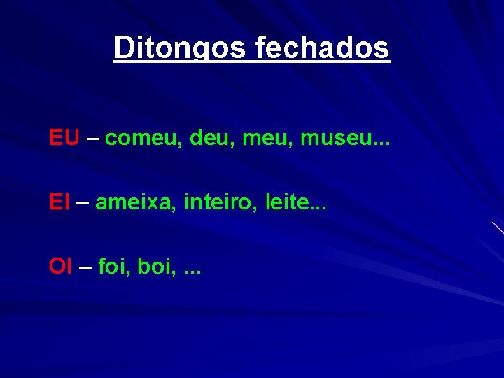 Ditongos fechados EU – comeu, deu, museu. . . EI – ameixa, inteiro, leite.