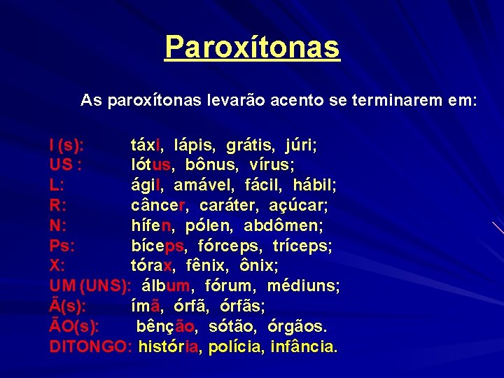 Paroxítonas As paroxítonas levarão acento se terminarem em: I (s): táxi, lápis, grátis, júri;