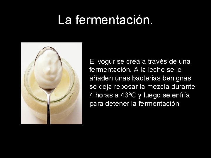 La fermentación. El yogur se crea a través de una fermentación. A la leche