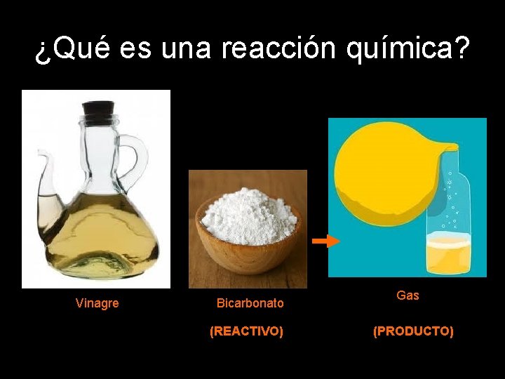 ¿Qué es una reacción química? Vinagre Bicarbonato (REACTIVO) Gas (PRODUCTO) ¿Qué es una reacción química? Vinagre Bicarbonato (REACTIVO) Gas (PRODUCTO)