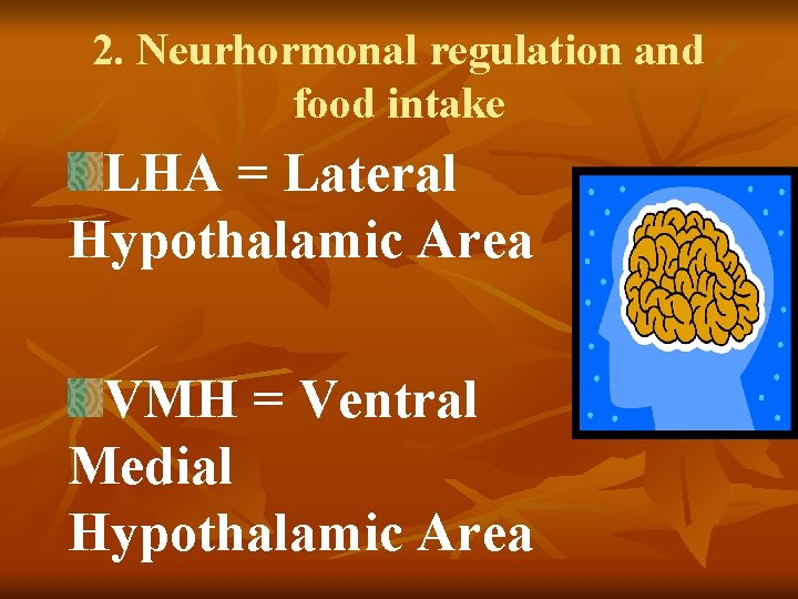 2. Neurhormonal regulation and food intake LHA = Lateral Hypothalamic Area VMH = Ventral 2. Neurhormonal regulation and food intake LHA = Lateral Hypothalamic Area VMH = Ventral