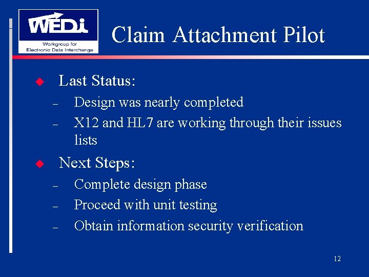 Claim Attachment Pilot Last Status: u – – Design was nearly completed X 12