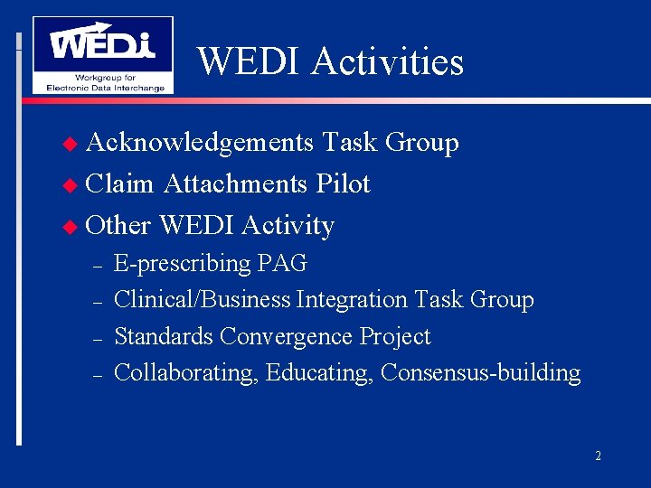 WEDI Activities u Acknowledgements Task Group u Claim Attachments Pilot u Other WEDI Activity