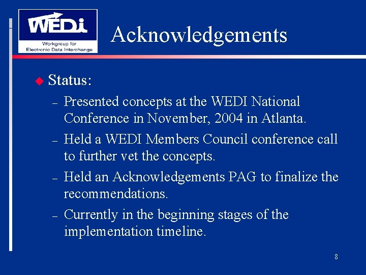 Acknowledgements u Status: – – Presented concepts at the WEDI National Conference in November,