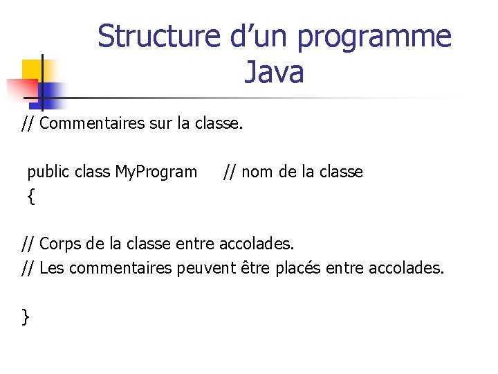 Structure d’un programme Java // Commentaires sur la classe. public class My. Program //