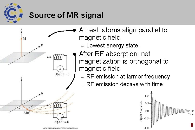 Source of MR signal l At rest, atoms align parallel to magnetic field. –