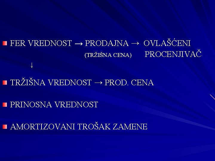 FER VREDNOST → PRODAJNA → OVLAŠĆENI (TRŽIŠNA CENA) PROCENJIVAČ ↓ TRŽIŠNA VREDNOST → PROD.