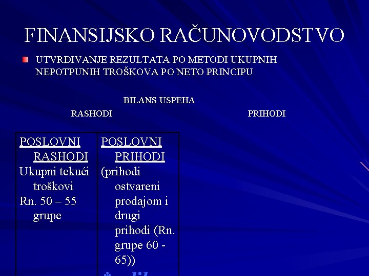 FINANSIJSKO RAČUNOVODSTVO UTVRĐIVANJE REZULTATA PO METODI UKUPNIH NEPOTPUNIH TROŠKOVA PO NETO PRINCIPU BILANS USPEHA