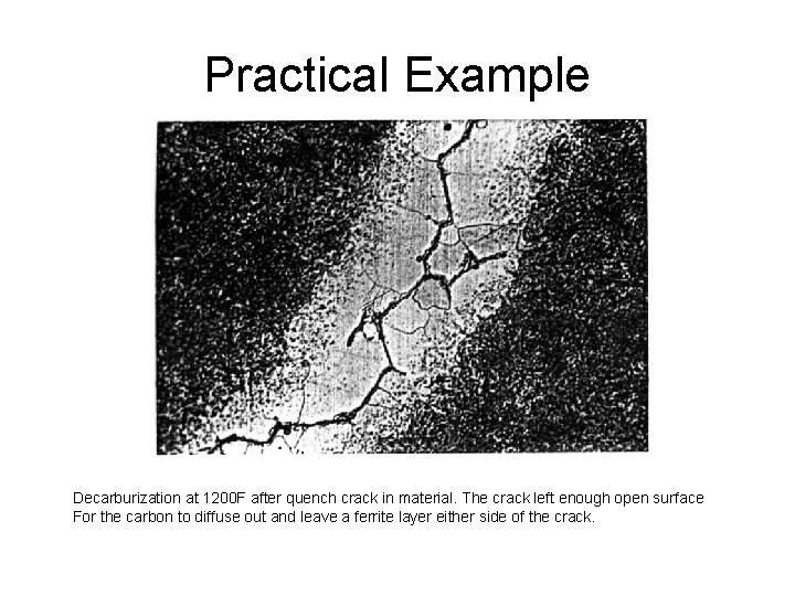 Practical Example Decarburization at 1200 F after quench crack in material. The crack left