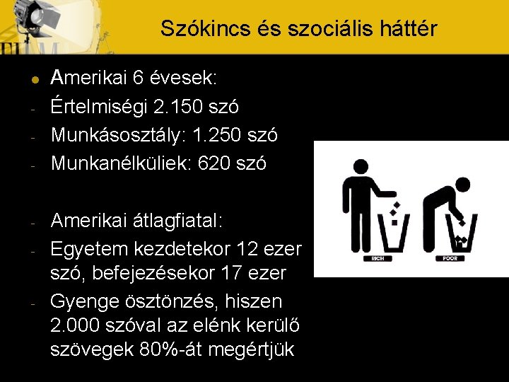 Szókincs és szociális háttér l - - - Amerikai 6 évesek: Értelmiségi 2. 150