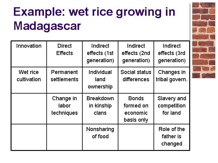 Example: wet rice growing in Madagascar Innovation Direct Effects Indirect effects (1 st generation)