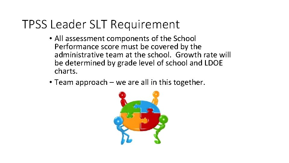 TPSS Leader SLT Requirement • All assessment components of the School Performance score must