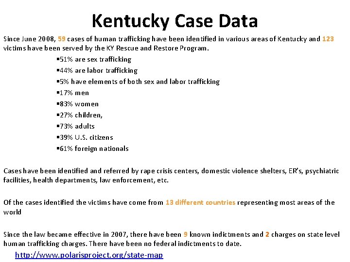 Kentucky Case Data Since June 2008, 59 cases of human trafficking have been identified